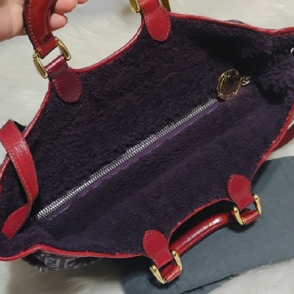 SALE! Fendi Zucchino Canvas Leather Purple/Red Color Combination 2Way & Dust Bag - Picture 10 of 16